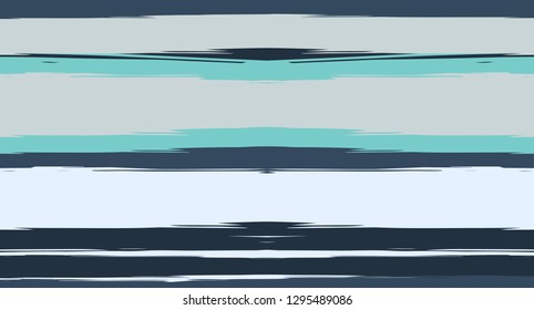 Navy Watercolor Horizontal Seamless Sailor Stripes. Geometric Simple Retro Graffiti Maritime Texture. Hand Painted Male or Female T-Shirt Autumn Banner Design. Track Blue Watercolor Sailor Stripes