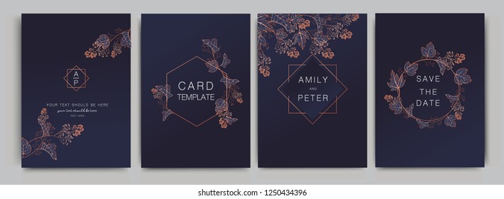 Navy Wedding Invitation, floral invite thank you, rsvp modern card Design in Copper grape with red berry and leaf branches decorative Vector elegant rustic template