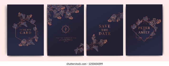 Navy Wedding Invitation, floral invite thank you, rsvp modern card Design in Copper grape with red berry and leaf branches decorative Vector elegant rustic template