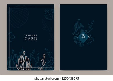 Navy Wedding Invitation, floral invite thank you, rsvp modern card Design in metallic shell , star fish , coral and sea ocean decorative Vector elegant rustic template