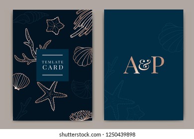Navy Wedding Invitation, floral invite thank you, rsvp modern card Design in metallic shell , star fish , coral and sea ocean decorative Vector elegant rustic template
