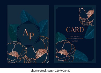 Navy Wedding Invitation, floral invite thank you, rsvp modern card Design in copper rose with leaf greenery  branches decorative Vector elegant rustic template