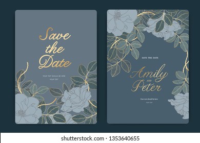 Navy Wedding Invitation, Floral Invite Thank You, Rsvp Modern Card Design In Golden Rose With  Leaf Greenery  Branches Decorative Vector Elegant Rustic Template