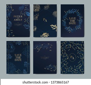 Navy Wedding Invitation, floral invite thank you, rsvp modern card  