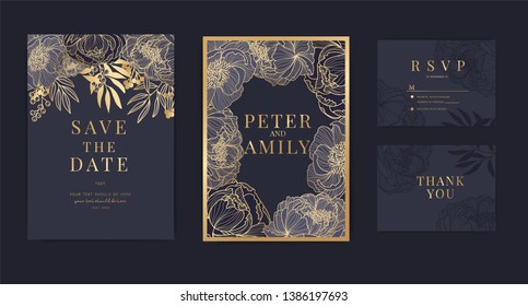 Navy Wedding Invitation, floral invite thank you, rsvp modern card Design in golden rose and peony with  berry and leaf greenery  branches decorative Vector elegant rustic template