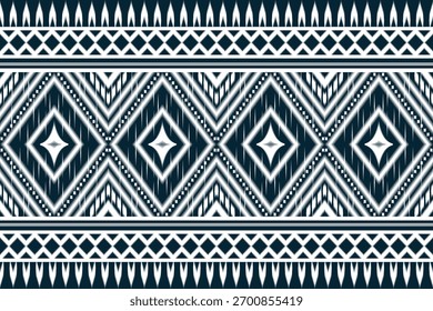 Patrón de tela ikat azul marino y blanco con motivos de diamantes y bordes tribales geométricos. Ideal para textiles étnicos, moda boho y estampados decorativos modernos.