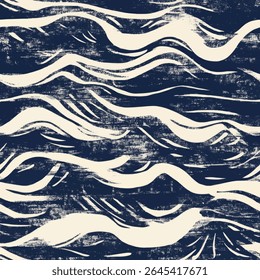 Navy and white linocut of wavy lines on linen fabric print pattern, cotton, silk, vector illustration, doodle summer, kids and baby designs for print fabric.