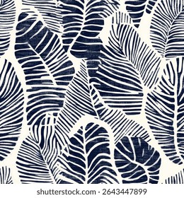 Marinha e branco padrão de folhas de palma no estilo de batik, em tecido de linho padrão de impressão, algodão, seda, ilustração vetorial, verão doodle, crianças e desenhos de bebê para tecido de impressão.
