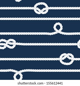 Navy and white ropes with marine knots seamless pattern, vector