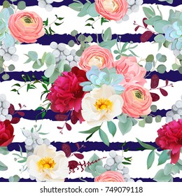 Navy and white striped pattern with autumn mixed bouquets of red peony, pink ranunculus, succulents, wild rose, carnation, brunia and eucalyptus leaves background. Vector seamless print with flowers.