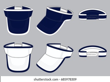 Navy and White Sun Visor Cap Design Edge Wrap Style With Hook-Look Tape Strap Vector.