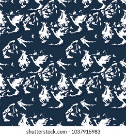 Navy winter urban camouflage with white spots and figures. A seamless pattern is usable to print on any surface, on a fabric as camo or as backdrop for a site