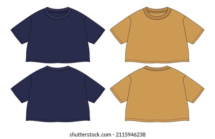 Navy, yellow color Short Sleeve T shirt tops Dress design technical fashion flat sketch vector illustration template for Baby girls and ladies. Cotton fabric clothing mock up front and back views