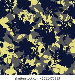 navy and yellow seamless floral vector flowers leaves pattern on grey background