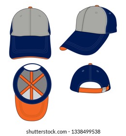 Navy-Gray Baseball Cap with Orange Under Visor, Adjustable Metal Buckle Closure Design on White Background, Vector File.