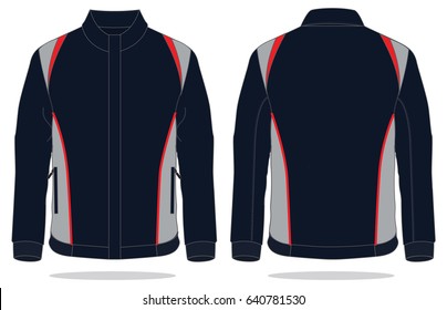 Navy-Gray-Red Jacket with Hidden Zip Design on White Background. Front and Back Views, Vector File.