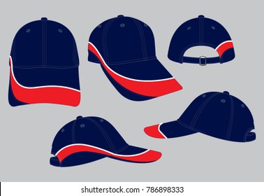 Navy-red baseball cap with white piping and adjustable buckle closure design on gray background, vector file.