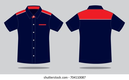 Navy-Red Short Sleeve Dress Shirt With White Line Piping, One Pocket Design On Gray Background.Front and Back View, Vector File