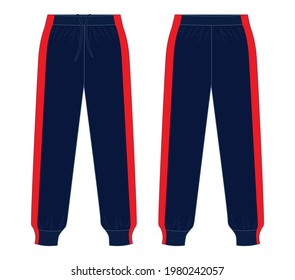 Navy-Red Tracksuit Pants Design on White Background. Front and Back Views, Vector File.