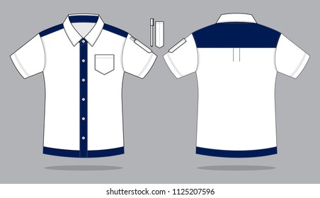 Navy-White Dress Uniforms Shirt with Pen Holder Design on Gray Backgriund. Front and Back Views, Vector File.