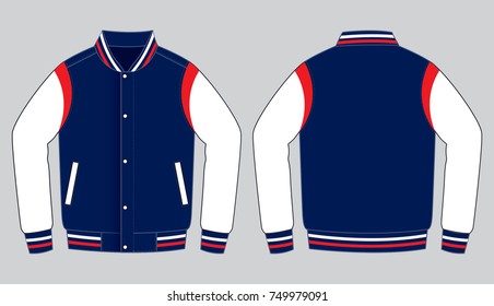 Navy-White-Red Baseball Jacket Design on White Background. Front and Back Views.