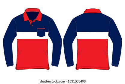 Navy-White-Red Long Sleeve Polo Shirt With One Pocket Design on White Background.Front and Back View, Vector File