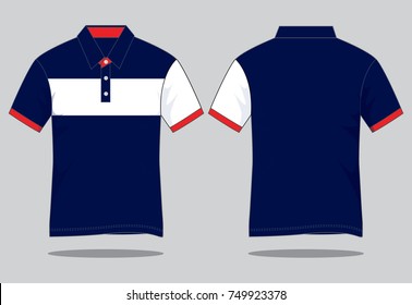 Navy-White-Red Short Sleeve Polo Shirt Design on Gray Background. Front and Back Views, Vector File.