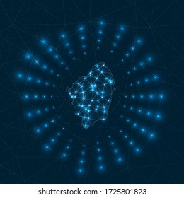 Mapa digital de Naxos. Rayos brillantes irradiando desde la isla. Conexiones de red y diseño de telecomunicaciones. Ilustración vectorial.