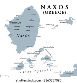 Naxos and Lesser Cyclades, Greek islands, gray political map. Island group in the Aegean Sea, part of the Cyclades archipelago. Popular tourist destination with a number of beaches and several ruins.