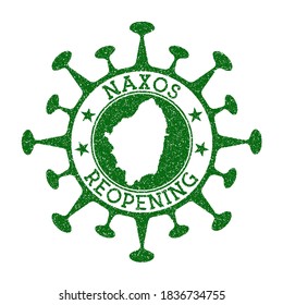 Naxos Reopening Stamp. Green round badge of island with map of Naxos. Island reopening after lockdown. Vector illustration.