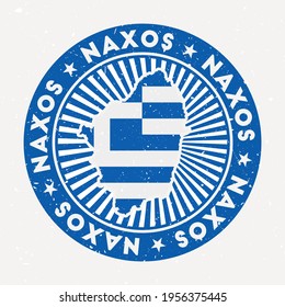 Naxos round stamp. Logo of island with flag. Vintage badge with circular text and stars, vector illustration.