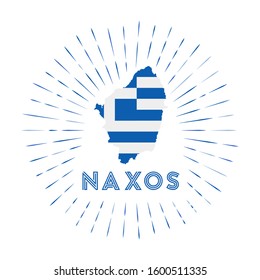 Naxos sunburst badge. The island sign with map of Naxos with Greek flag. Colorful rays around the logo. Vector illustration.