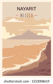 Nayarit retro poster. Nayarit travel illustration. States of Mexico greeting card. 