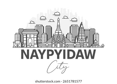 Naypyidaw, Myanmar architecture line skyline illustration with shadows. Linear vector cityscape with famous landmarks, city sights, design icons.