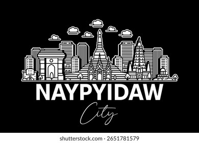 Naypyidaw, Myanmar architecture line skyline illustration with shadows. Linear vector cityscape with famous landmarks, city sights, design icons.