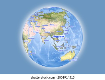 Naypyidaw-Myanmar is shown on vector globe map. The map shows Naypyidaw-Myanmar 's location in the world.