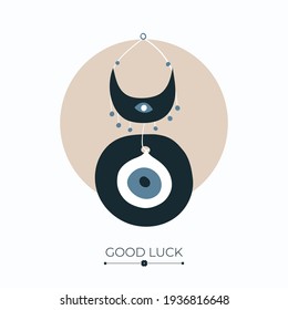 Nazar fortune and success charm, talisman or amulet with good luck words. Evil eye, symbol of luck, fortune, wealth and prosperity. Vector illustration isolated on white background