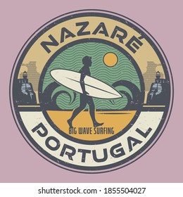 Nazare, Portugal- surfer sticker, stamp or sign design, vector illustrations