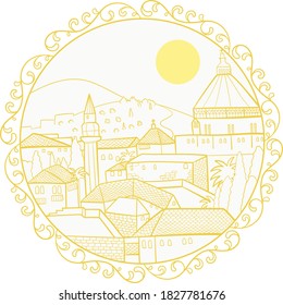 Nazareth holy linear cityscape with sun in mandala surrounded by floral motifs, yellow and white on transparent vector. 