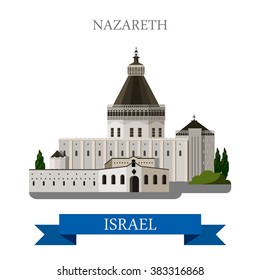 Nazareth in Israel. Flat cartoon style historic sight showplace attraction web site vector illustration. World countries cities vacation travel sightseeing Asia collection.