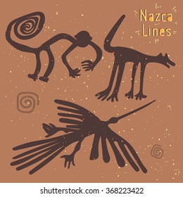 The Nazca lines creatures from Nazca desert in Peru design