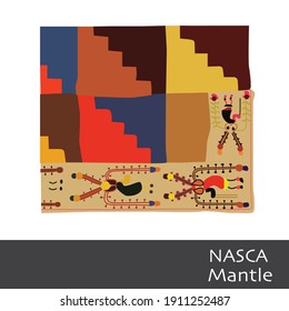 Manto Nazca, diseño de formas geométricas, líneas, cuadrados, coloridos animales de escalera. Textil nazca.