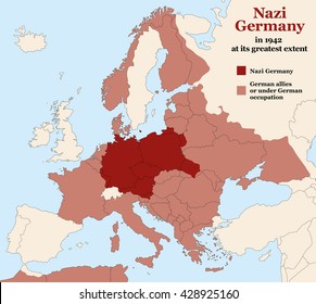 Nazi Germany - Third Reich At Its Greatest Extent In 1942. Map Of Europe In Second World War With Todays State Borders.