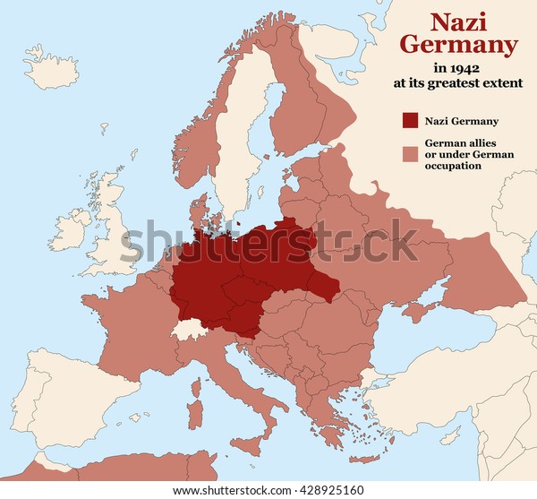 Nazi Germany - Third Reich at its greatest extent in 1942. Map of Europe in Second World War with todays state borders.