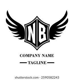 NB bold shield logo with wings, customizable with letters A to Z. Perfect for brands seeking a powerful symbol of strength, freedom, and ambition
