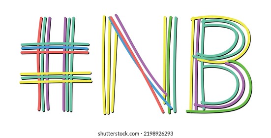 NB Hashtag. Isolate doodle lettering text from multi-colored curved neon lines like from a felt-tip pen, pencil. #NB is abbreviation for the Canadian New Brunswick for banner, social network, t-shirts