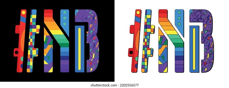 NB Hashtag. Unique colorful font. Multicolored bright isolate curves doodle letters. #NB is abbreviation for the Canadian New Brunswick. Set for social network, web resources, print, booklet, flyer.