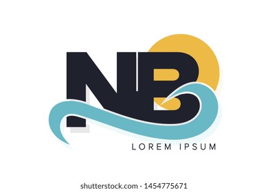 NB letter logo with ocean waves and sunset. Beach concept design