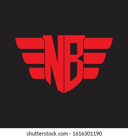 NB Logo monogram with emblem and wings element design template on red colors