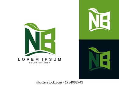 NB logo monogram with green leaf nature organic bio curved shape premium vector design template